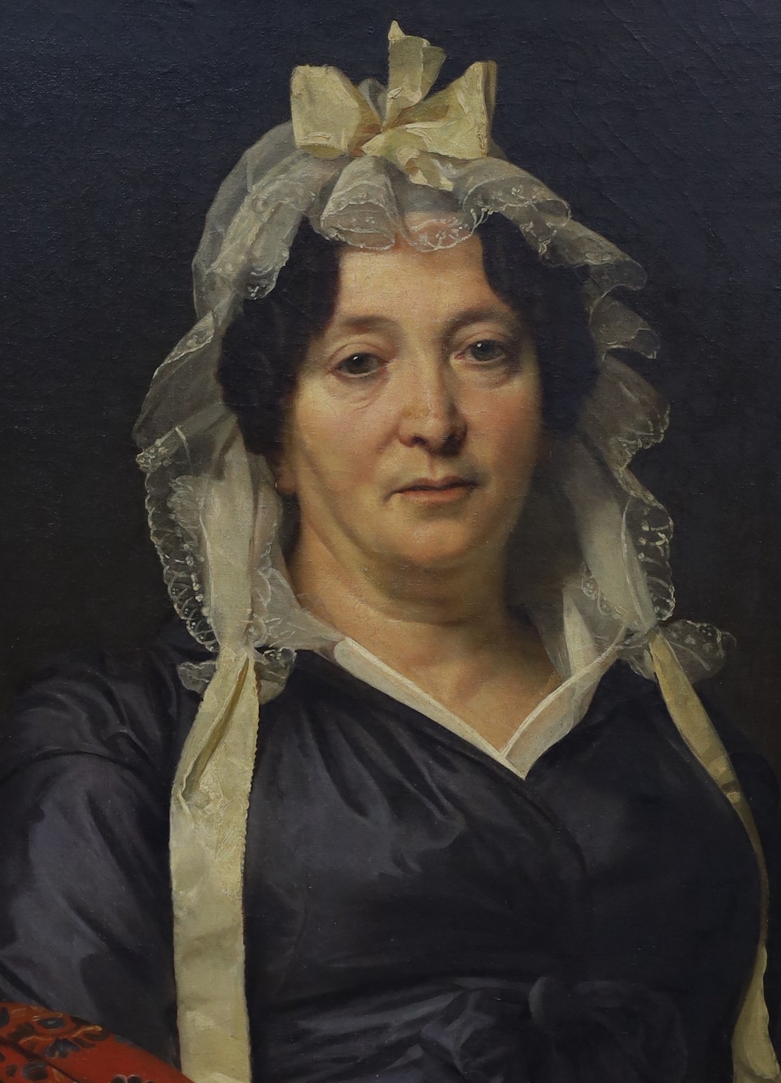 English School, third quarter 19th century, oil on canvas, Portrait of a lady and French School, late 19th century, pastels on paper, portrait of a gentleman, largest 59 x 47cm